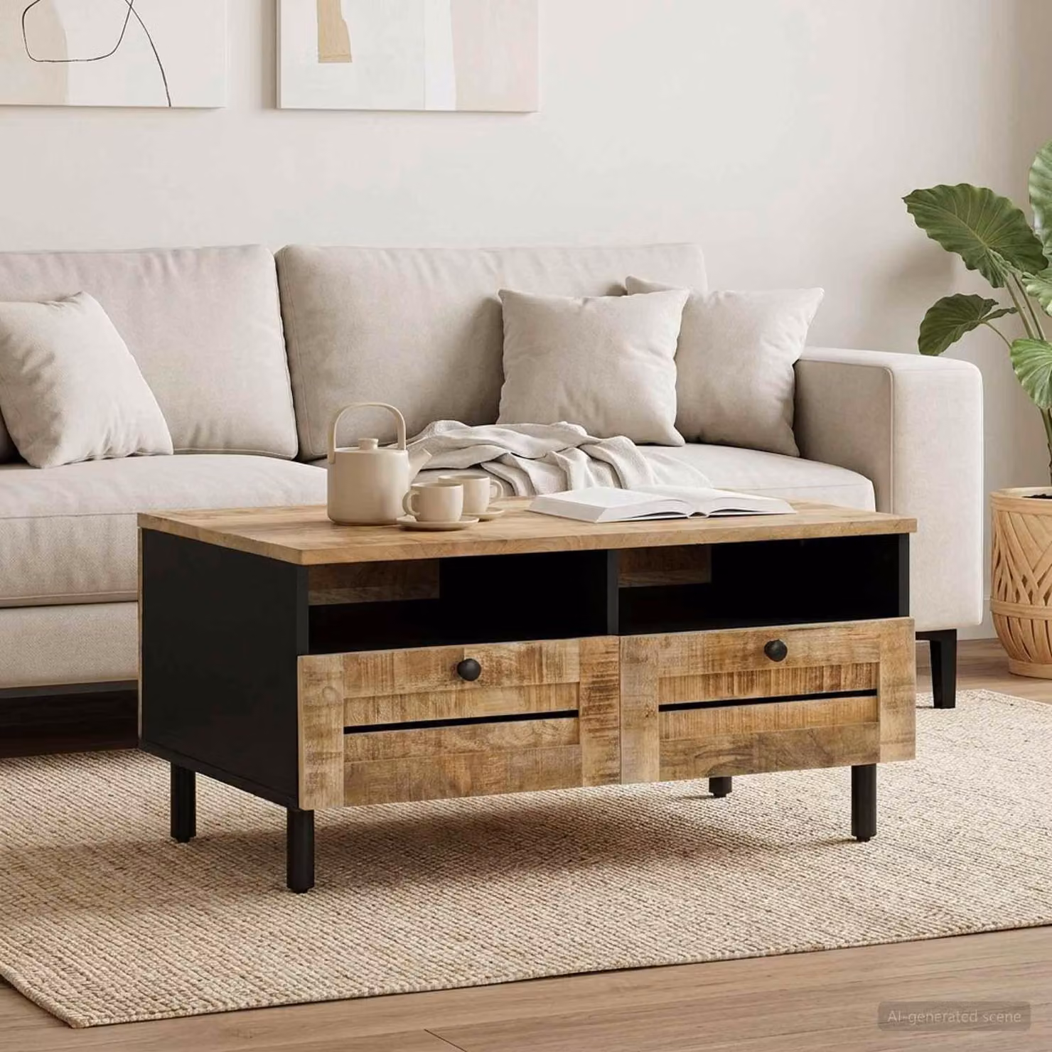 Maison Exclusive - Tavolino da caffè marrone e nero, 80 x 54 x 40 cm, in legno massello di mango