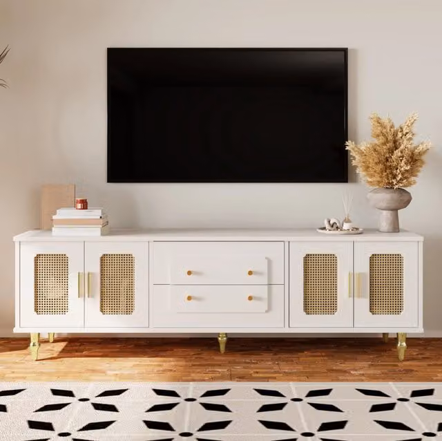 Mobile TV ULEVR 175x38x55,5 cm con 4 ante in rattan PVC, cassetti push-to-open e piedi dorati, bianco