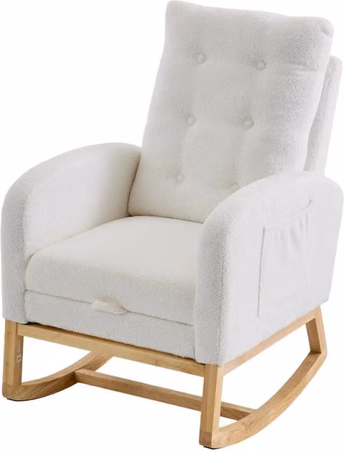 Sedia a dondolo relax Chicfurn con USB, poggiapiedi estraibile e tasche laterali in bouclé bianco e struttura in legno massello, H 102,0 x L 66,5 x P 21,7 cm