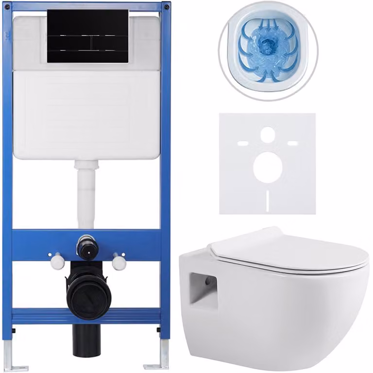 Set completo per WC sospeso Lite/Dure - bianco lucido - pulsante per WC Line, nero opaco - installazione a parete - 51x35 cm
