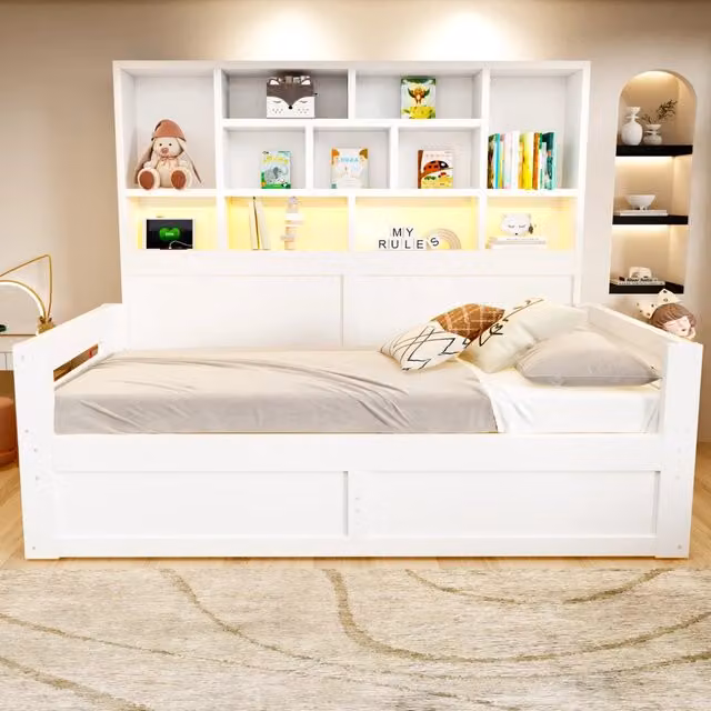 Letto singolo multifunzionale 90 × 200 cm con vano idraulico LED e prese in MDF bianco