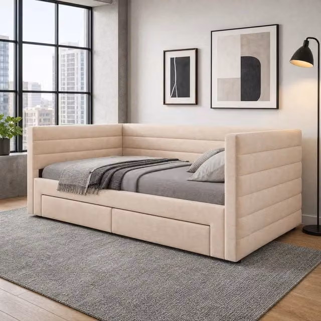 Letto imbottito multifunzionale 3 in 1 MODFU con 2 cassetti, beige, L/P/H: 90 x 190 cm