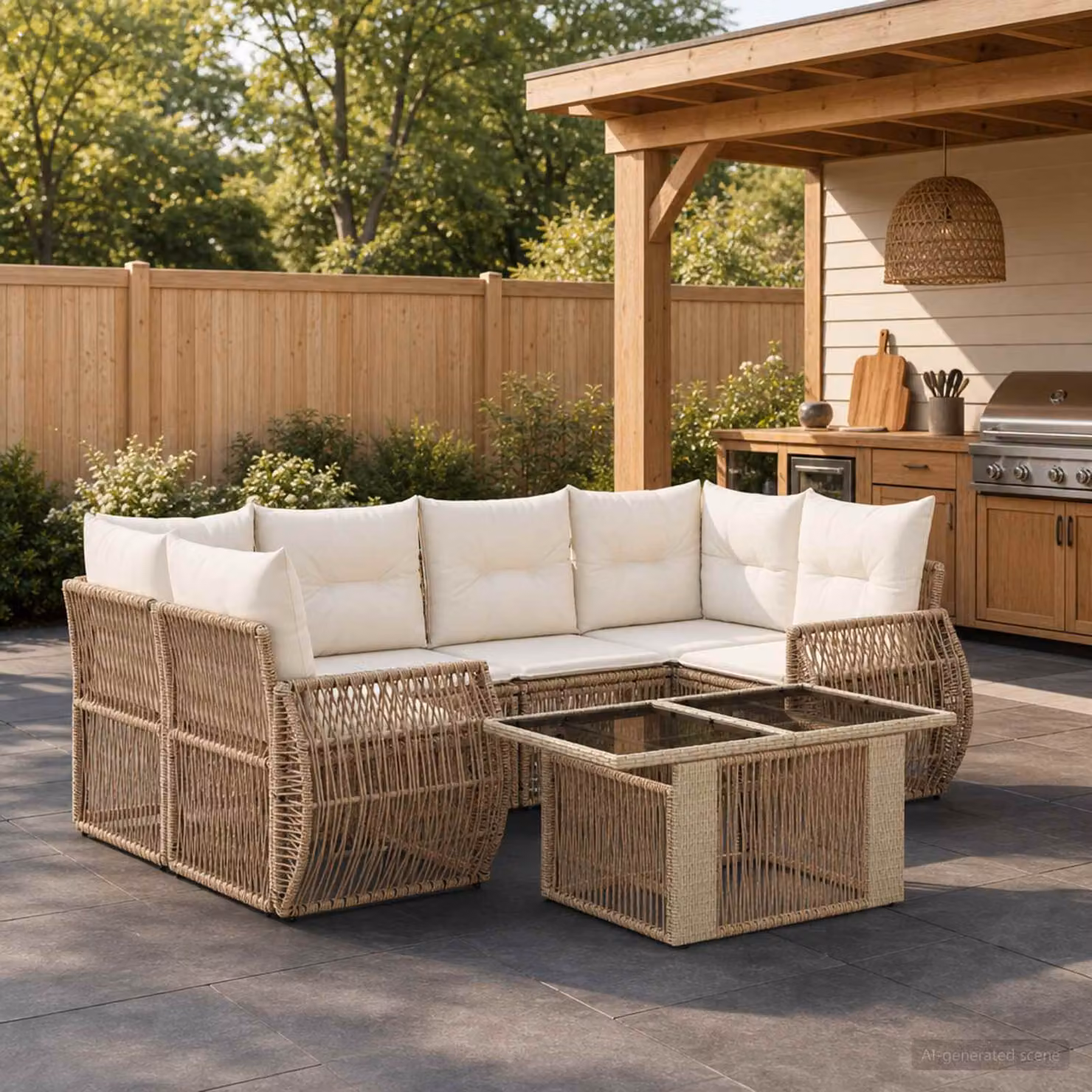 Set Divano da Giardino vidaXL 7 pz in Polyrattan Beige e Bianco con Cuscini e Tavolino in Vetro