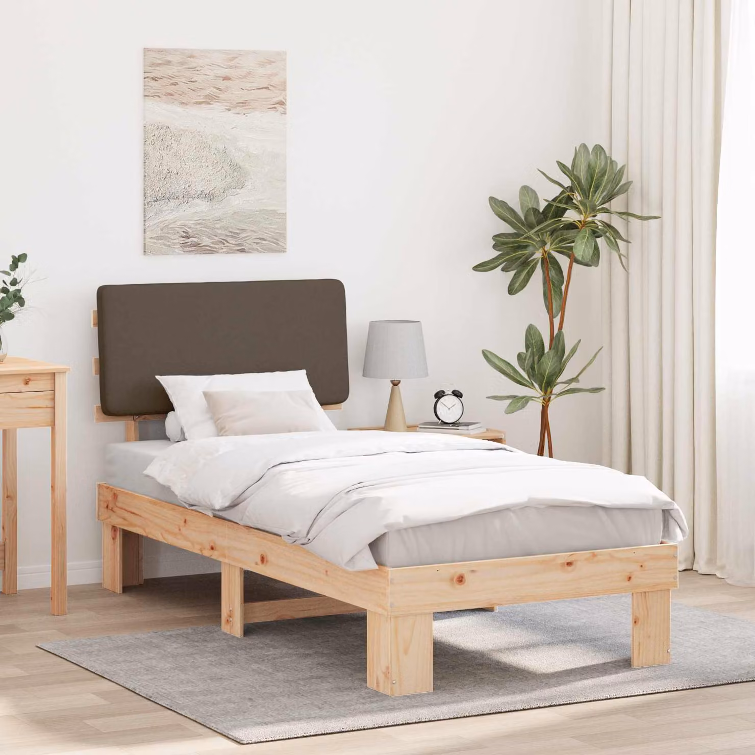 Letto con testiera rivestita in tessuto vidaXL in pino massello, colore beige/grigio/marrone, L 80 x P 200 cm