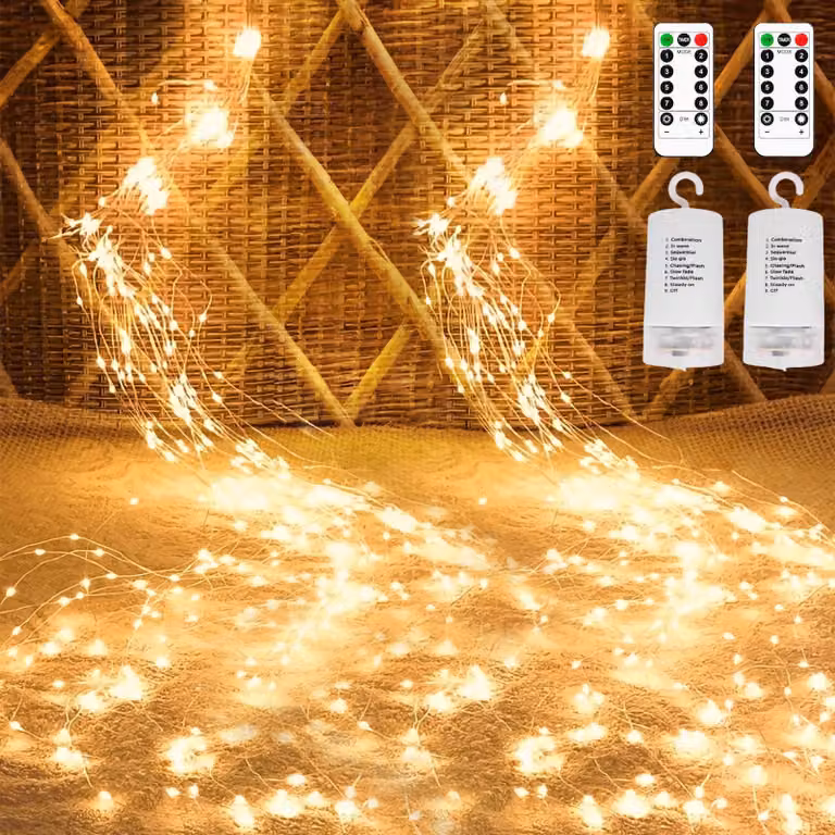 Catena luminosa a cascata d'acqua, luce bianco caldo, 2 metri, 200 LED, 8 modalità, grado di protezione IP66