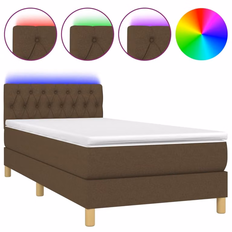 Letto a Molle Materasso e LED Marrone Scuro 90x200cm in Tessuto