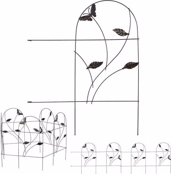 Bordo decorativo in metallo a 5 pezzi per recinzione da giardino con farfalle, nero, 46x250 cm