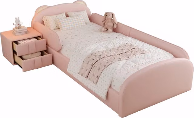 Letto imbottito rosa per bambini con testiera a forma di orsetto, comodino coordinato e doghe in compensato, letto singolo 90x200 cm