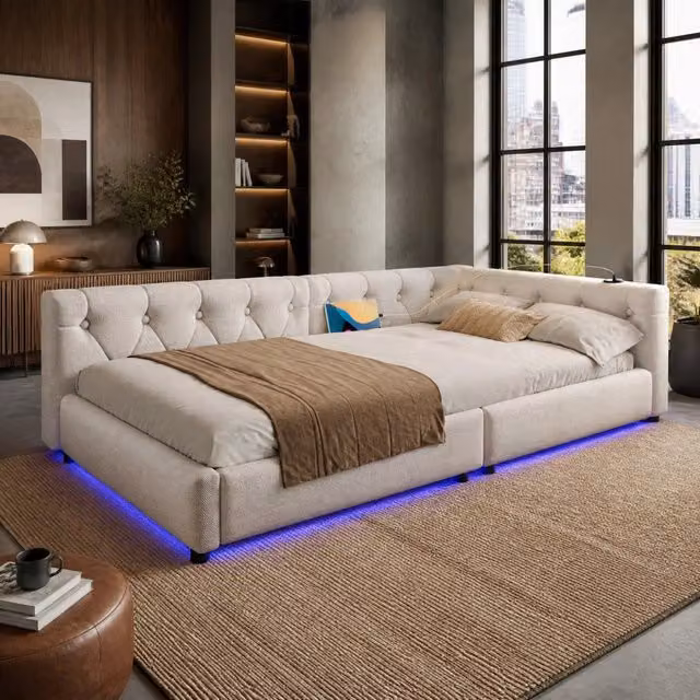 Divano letto Daybed 90x200cm in lino beige con rete a doghe, illuminazione ambientale e ricarica USB+Type-C
