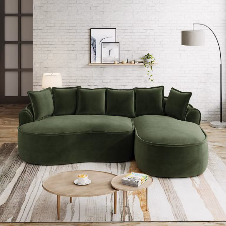 Divano modulare a forma di L, in tessuto chenille, modello "Cloud", con chaise longue, di dimensioni extra large, completo di cuscini (colore: verde)