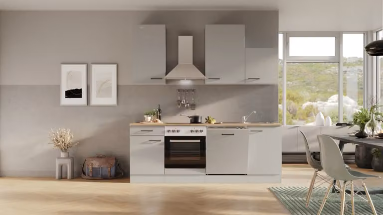 Mobile cucina con elettrodomestici Flex Well Lund 220 cm colore frontale grigio chiaro lucido colore mobile grigio fumo opaco