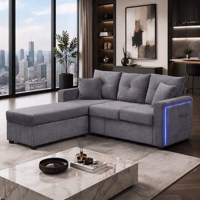 Divano modulare ULEVR a L 3 posti con pouf removibile, LED controllati da app e 5 cuscini, grigio antico