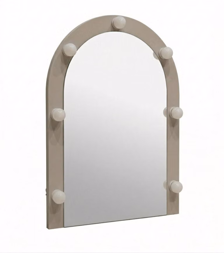 A specchio, beige, stile moderno, bombato, minimalista, illuminato, elegante
