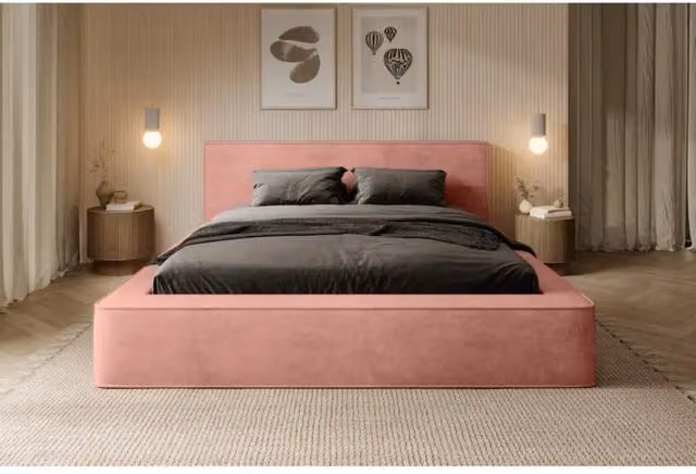 Letto contenitore VELORA Meublorama in velluto color corallo, L/P: 180 x 200 cm, con rete sollevabile e spazio di stoccaggio integrato – 1