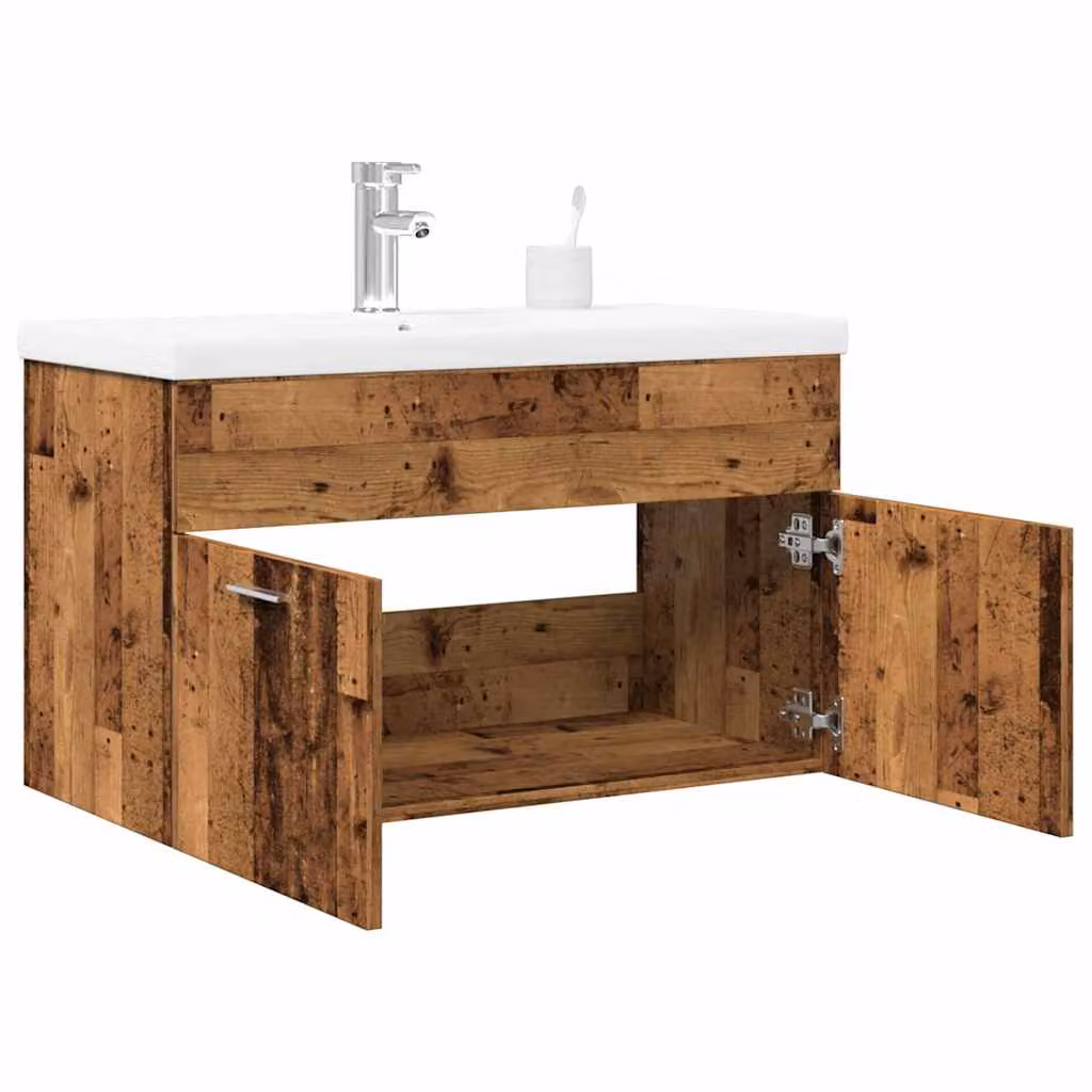 Set di mobili da bagno vidaXL 2 pezzi in legno e metallo color marrone e bianco stile antico con vanità sospesa e ante a cerniera L/P/H: 80,0 x 46,0 x 38,5 cm
