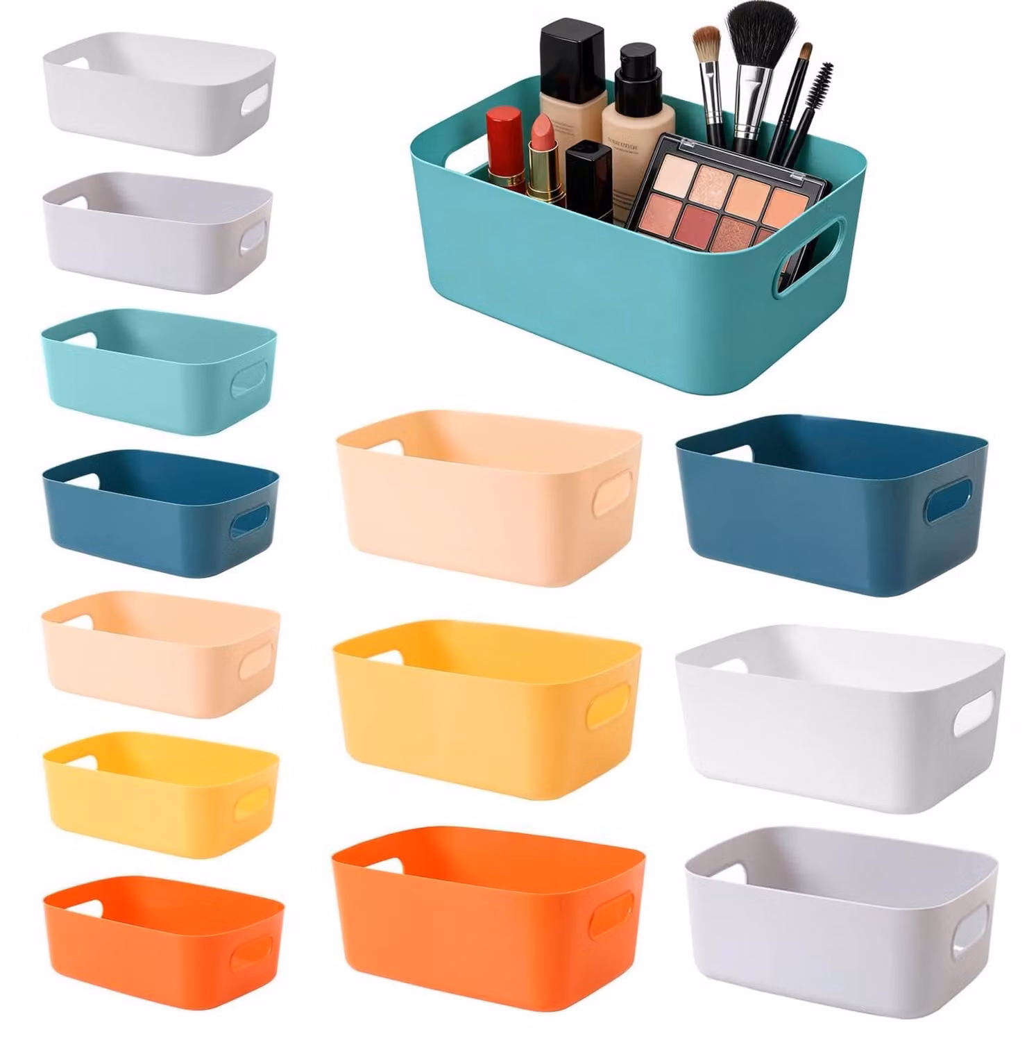 Set di 14 contenitori in plastica con maniglie, di vari colori