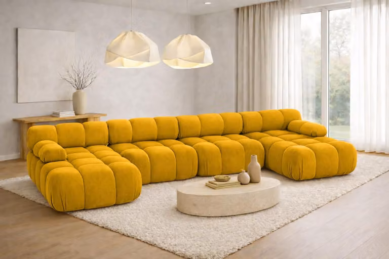 Divano ad angolo Kaiser a forma di U XL, tessuto in velluto Salvador, giallo, Selia U XL