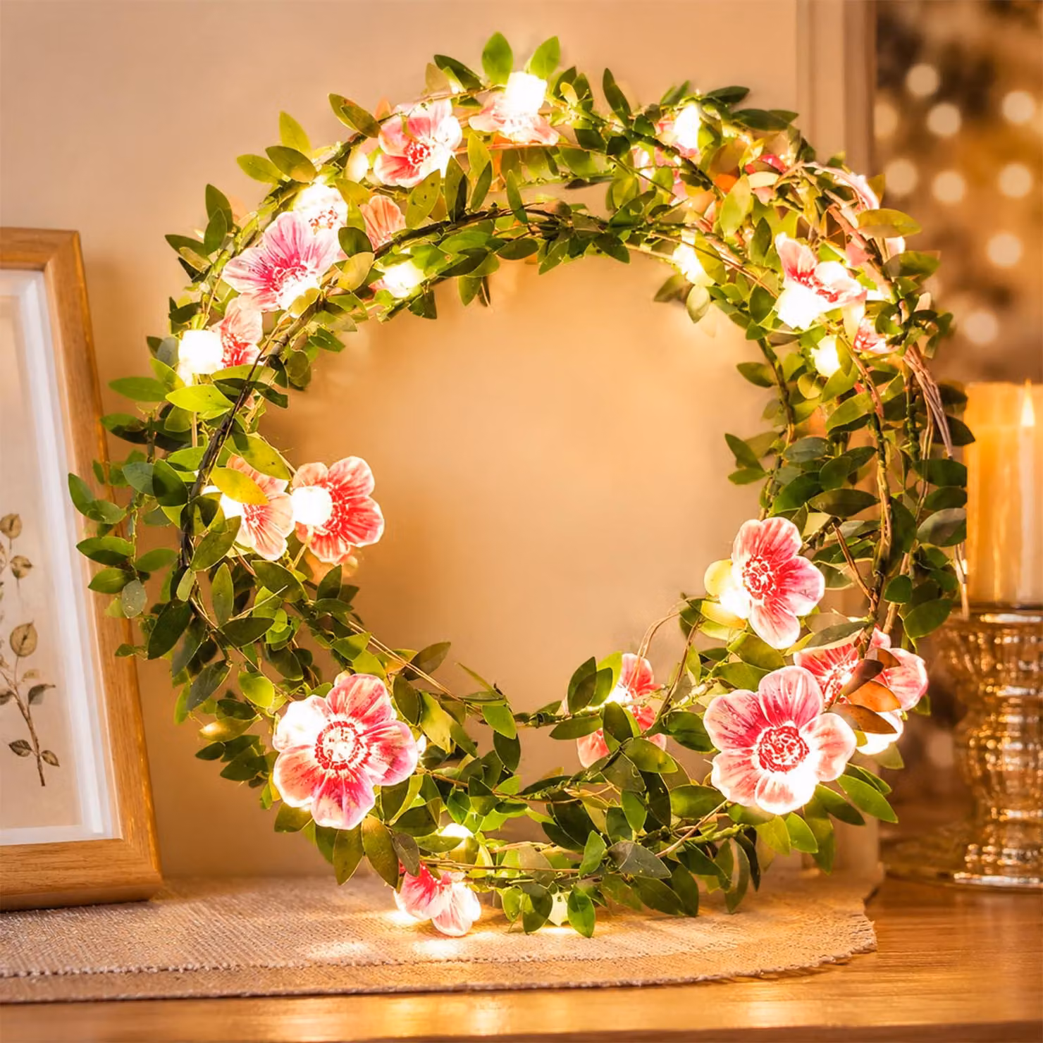 Catena luminosa a forma di fiori di ciliegio, 2 metri, 20 LED, rosa, alimentata a batteria