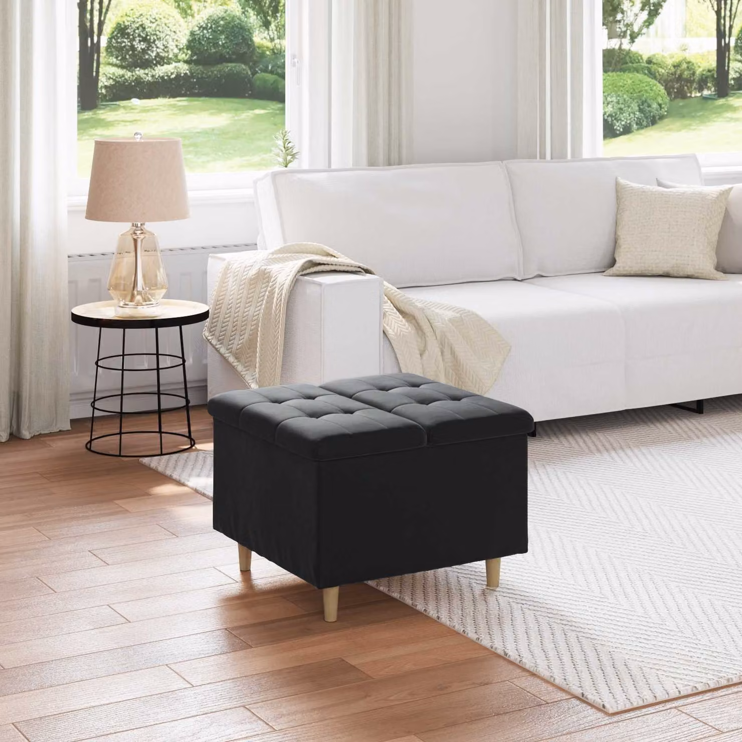 Pouf con contenitore vidaXL in velluto nero, L/P/H: 60 x 60 x 45 cm