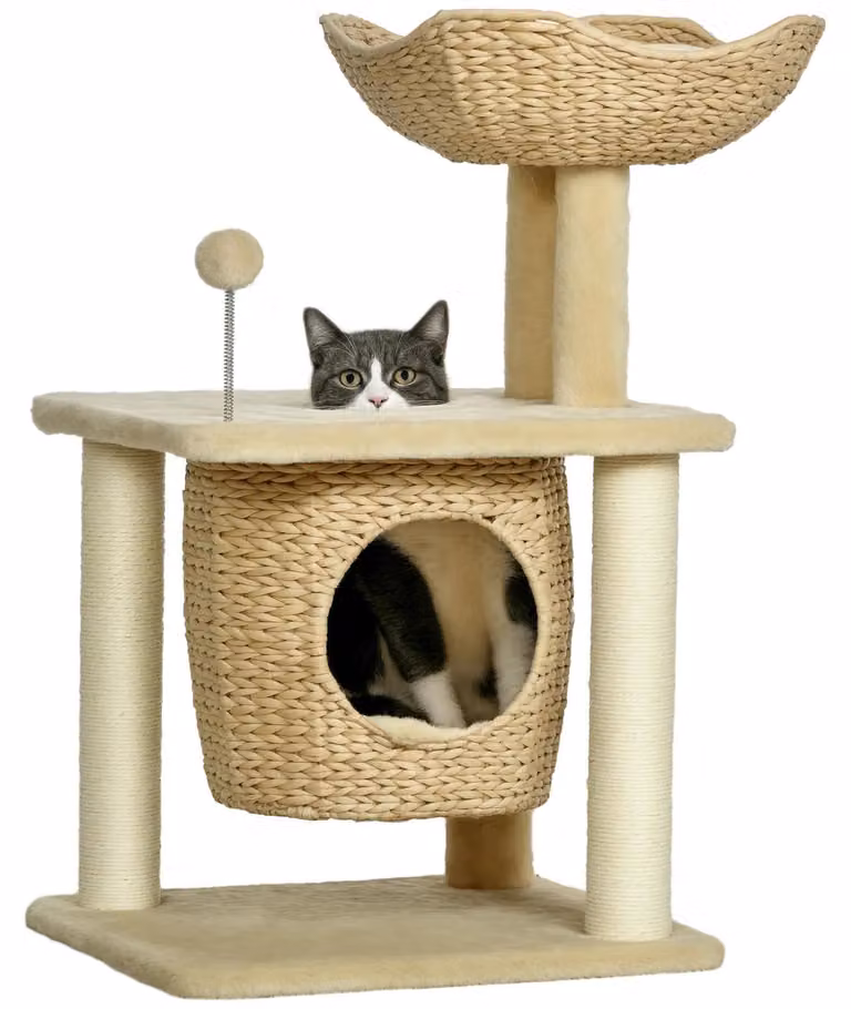 Tiragraffi per gatti - Colonna tiragraffi - Altezza 74 cm - 3 livelli - Tana con zona riposo - Pallina sospesa - Legno