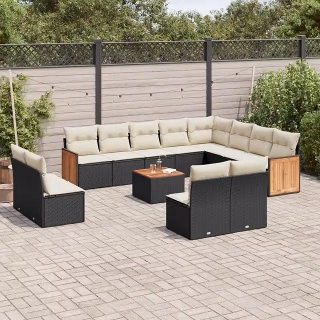 Set di Divani da Giardino a Forma di U vidaXL in Polyrattan Nero con Cuscini e Tavolino da Esterno – 1