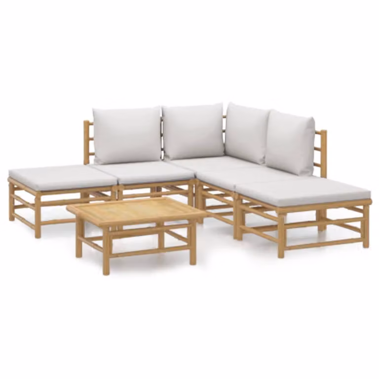 Set Salotto da Giardino 6pz con Cuscini Grigio Chiaro Bambù