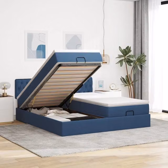 Letto con contenitore a sollevamento vidaXL in tessuto blu e bianco L: 180 cm, P: 200 cm, H: 88 cm