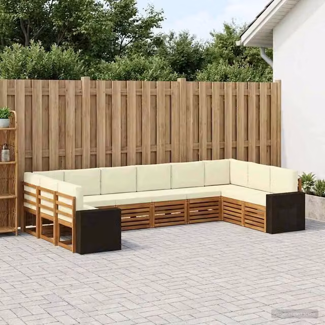 Set di divani da esterno vidaXL a forma di L in legno di acacia con cuscini beige e bianchi