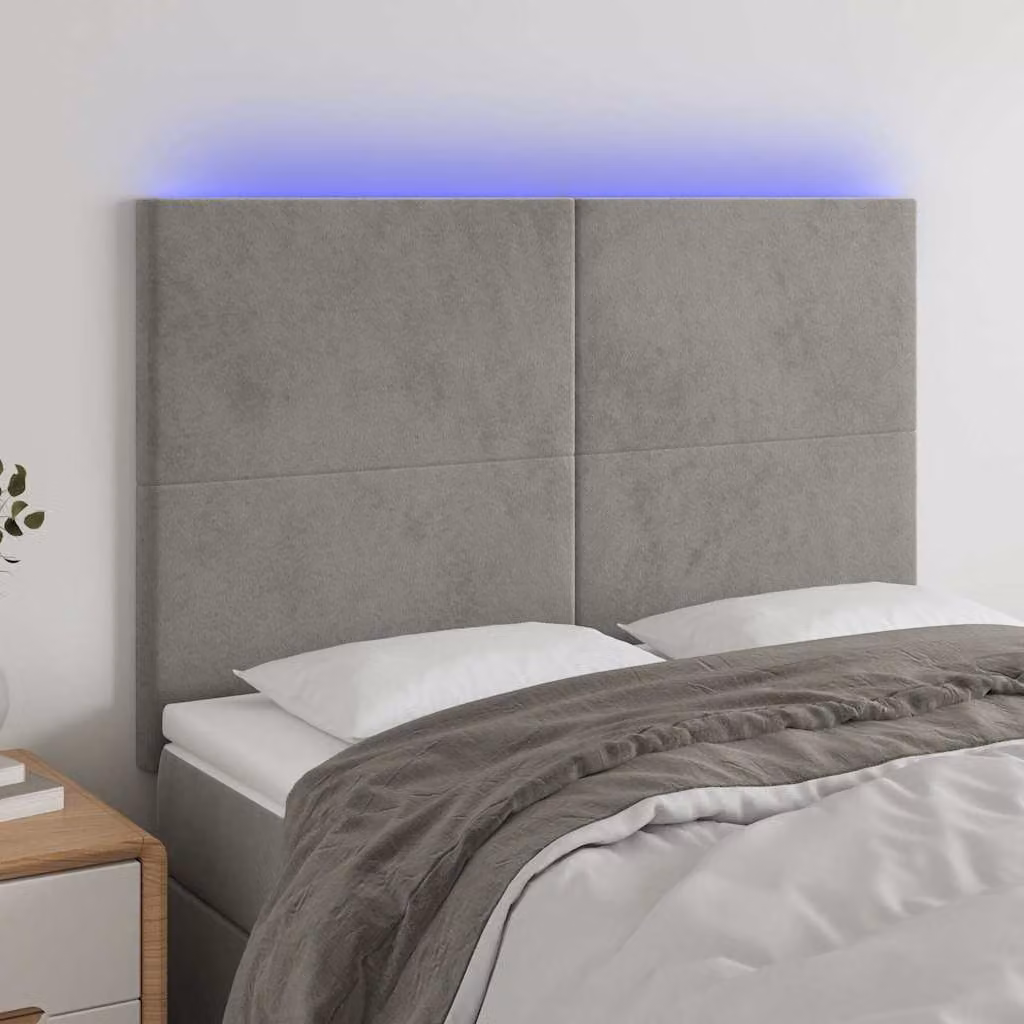 Testiera con LED e porta USB vidaXL in velluto grigio, L: 144 cm, P: 5 cm, H: 118/128 cm
