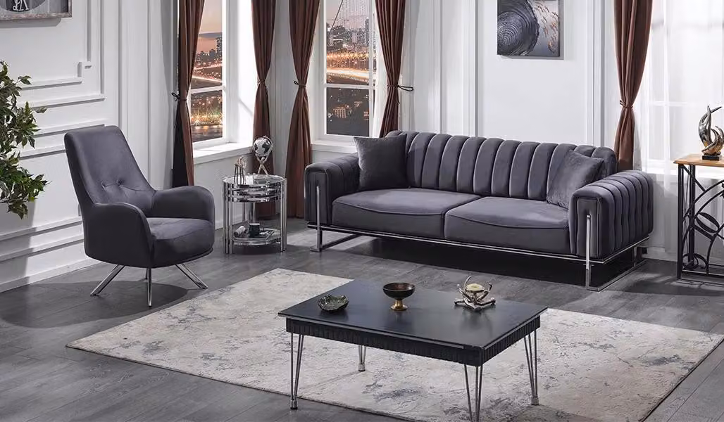 Sofa Set 3+1 Sitzer Wohnzimmer Luxus Chesterfield Grau Sofagarnitur