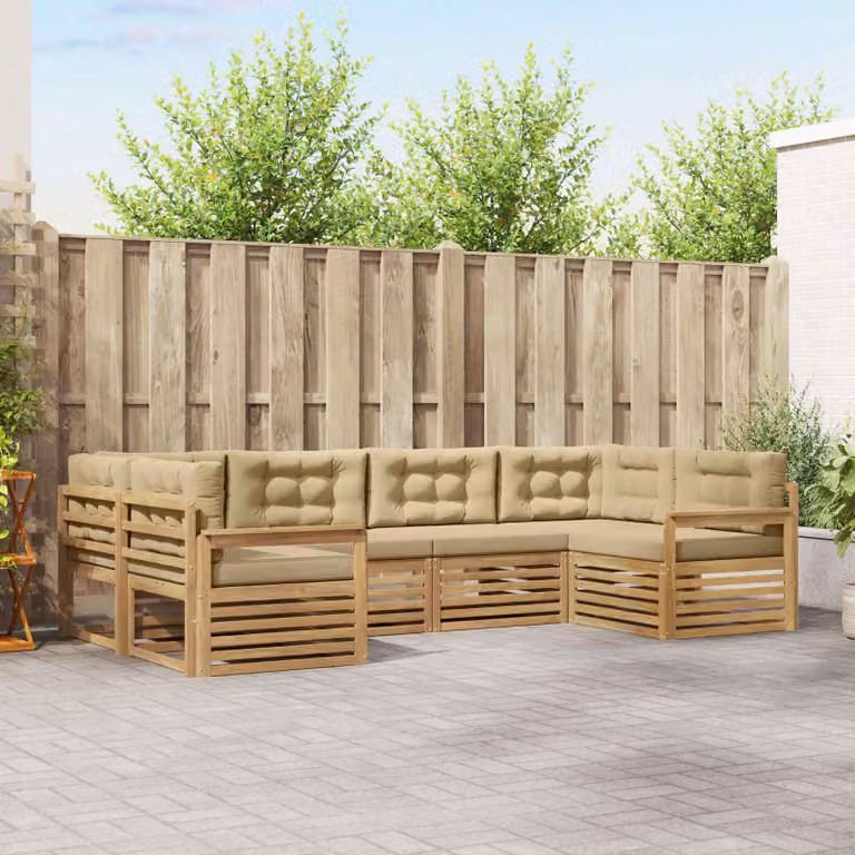 vidaXL Set di divani da esterno a L composto da 6 pezzi in legno di acacia con cuscini bianchi e beige