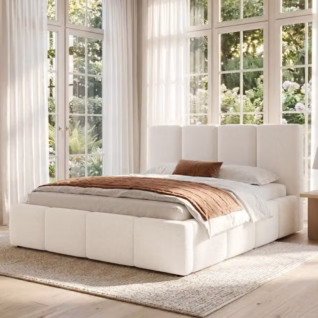 Letto matrimoniale imbottito 180x200 cm con rete a doghe e testiera beige in tessuto bouclé