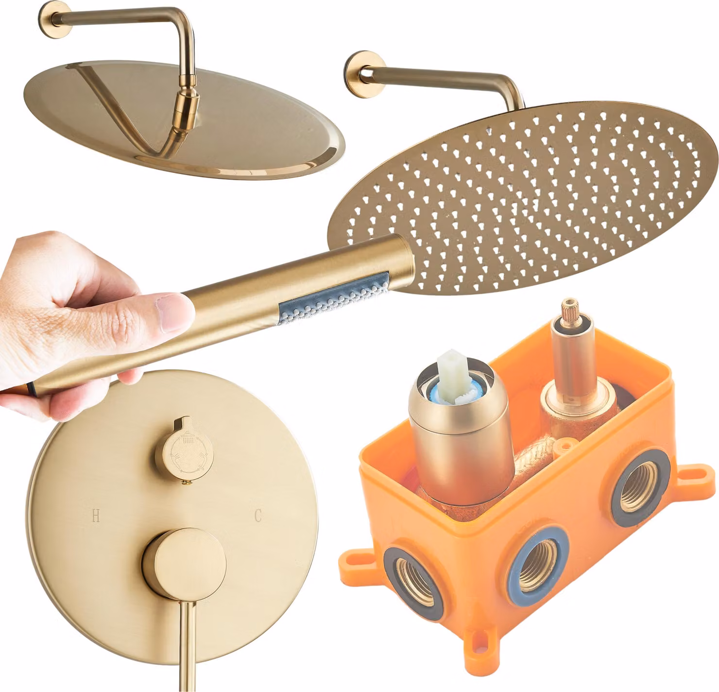 Set doccia incasso ARI, soffione 30 cm, box da incasso, acciaio inox, finitura oro spazzolato, cartuccia Vetroceramica
