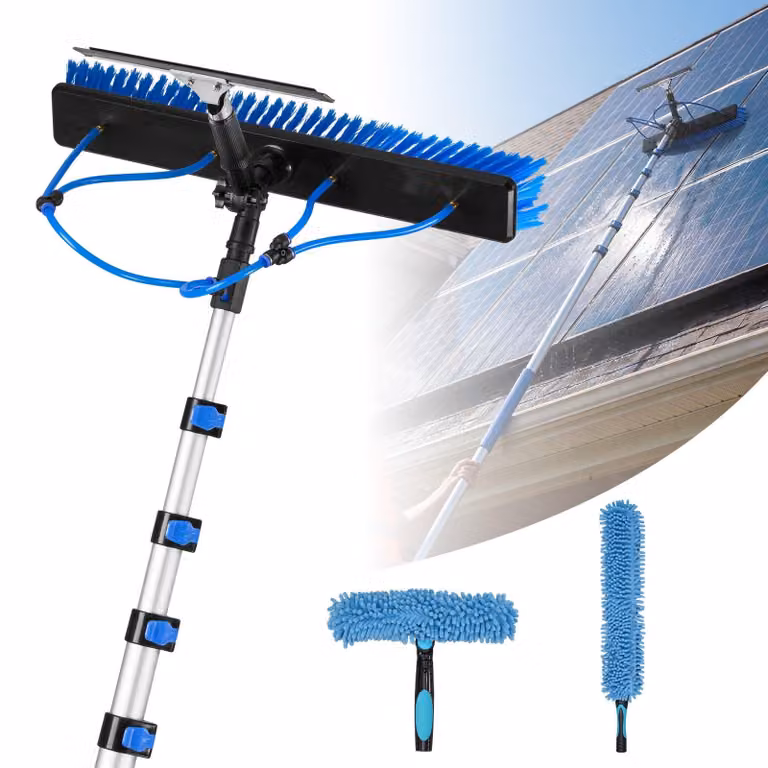 Spazzola telescopica per pannelli solari e impianti fotovoltaici - Set di pulizia 2 in 1 - Estensibile da 2 a 10 m - Tubo flessibile da 20 m - Manico in alluminio - Raschietto - Dosatore di sapone - Per finestre/tetti di terrazze