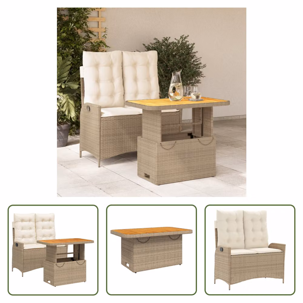 The Living Store Set da pranzo da giardino a 2 pezzi con cuscini Beige poly rattan