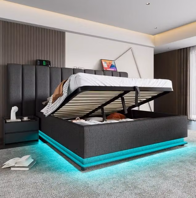Letto imbottito 160x200 cm con contenitore idraulico, LED e ricarica USB-C in lino grigio