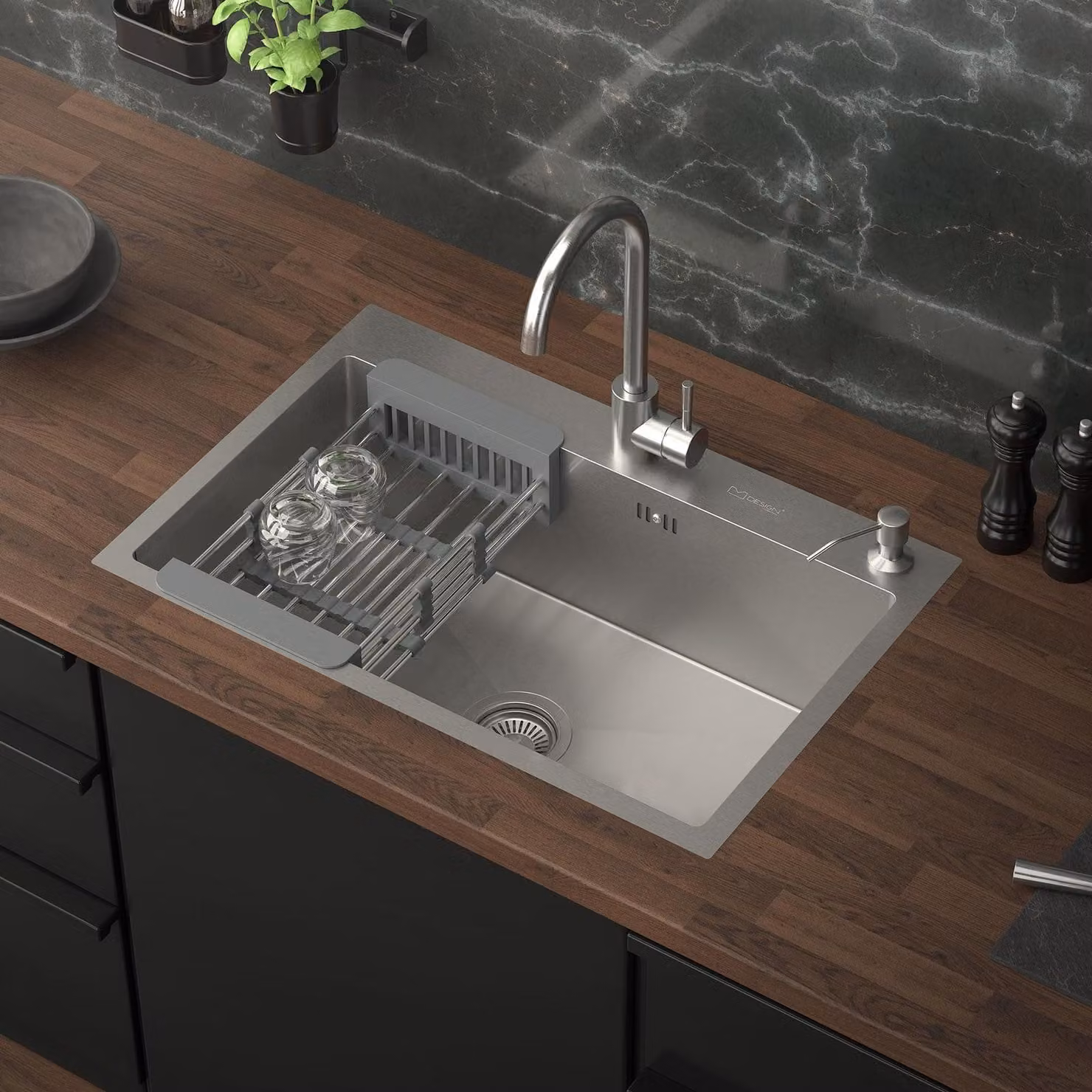Lavello da cucina - Lavello a incasso - 68 x 45 cm - Acciaio inossidabile - Argento - Con scolapiatti