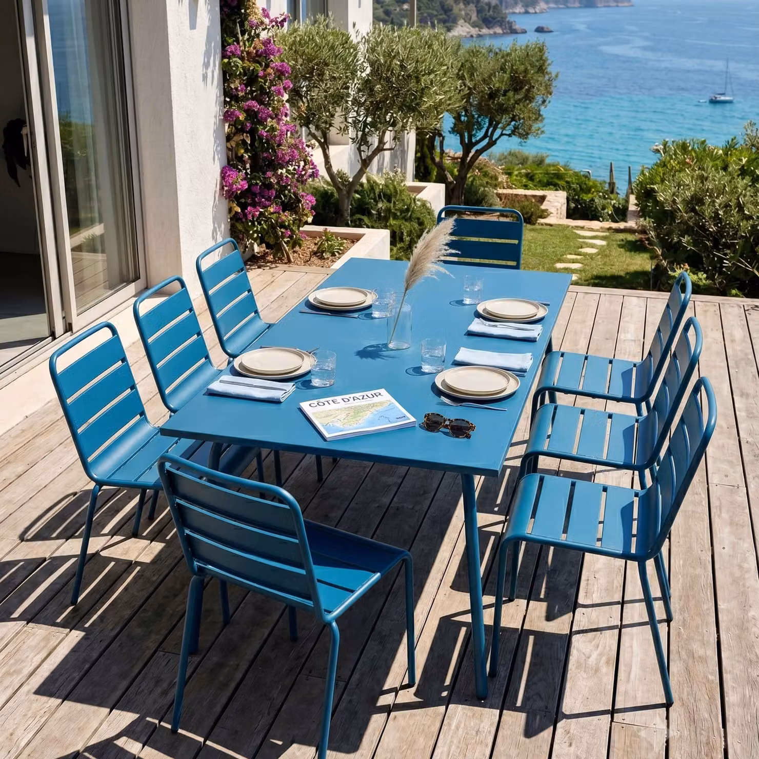 Tavolo da giardino e 8 sedie in metallo blu pacifico - Oviala Palavas