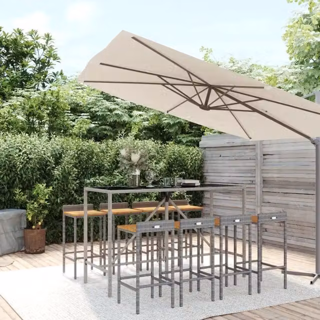 Set Bar Giardino 9pz Grigio Polyrattan e Legno Massello Acacia 3187681