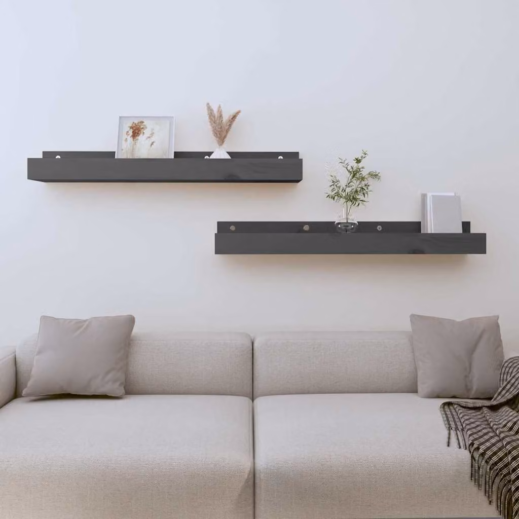 Set di 2 mensole da parete vidaXL in legno massello di pino grigio, stile rustico, L 80 cm x P 12 cm x H 9 cm