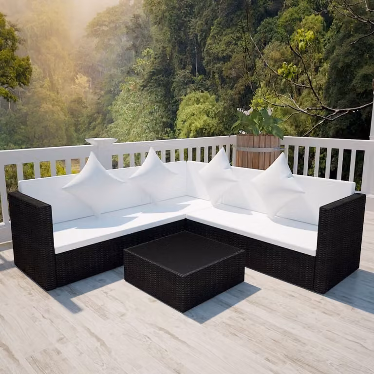 The Living Store Set salotto da giardino 4 pezzi con cuscini in poly rattan nero