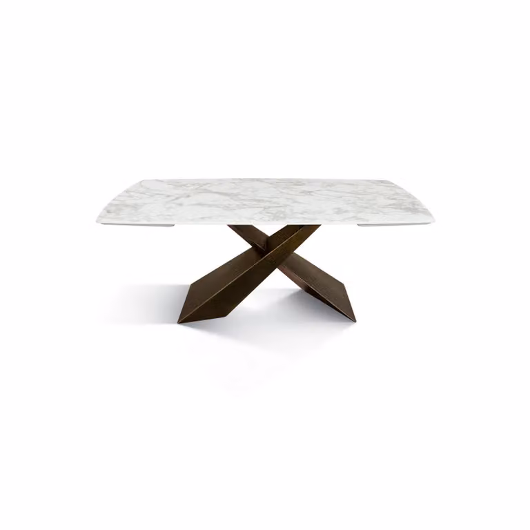 Tavolo FIGARI in vetroceramica bianco arabesco nero con gambe a X in metallo bronzo, allungabile 180×90 cm – 260×90 cm
