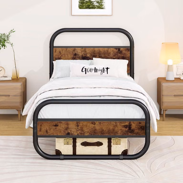 Letto singolo con testiera, forma ovale, rete a doghe in acciaio, spazio contenitivo, colore marrone