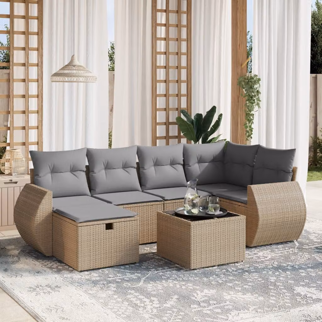 vidaXL Set Divano da Giardino a L 7 pz con Cuscini Beige e Grigio in Polyrattan e Metallo – 1