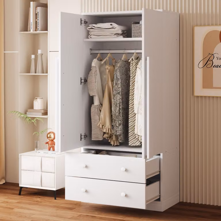 Flieks armadio guardaroba con 2 cassetti e 2 ante, armadio guardaroba con barra e vano portaoggetti, 70x40x170cm, bianco