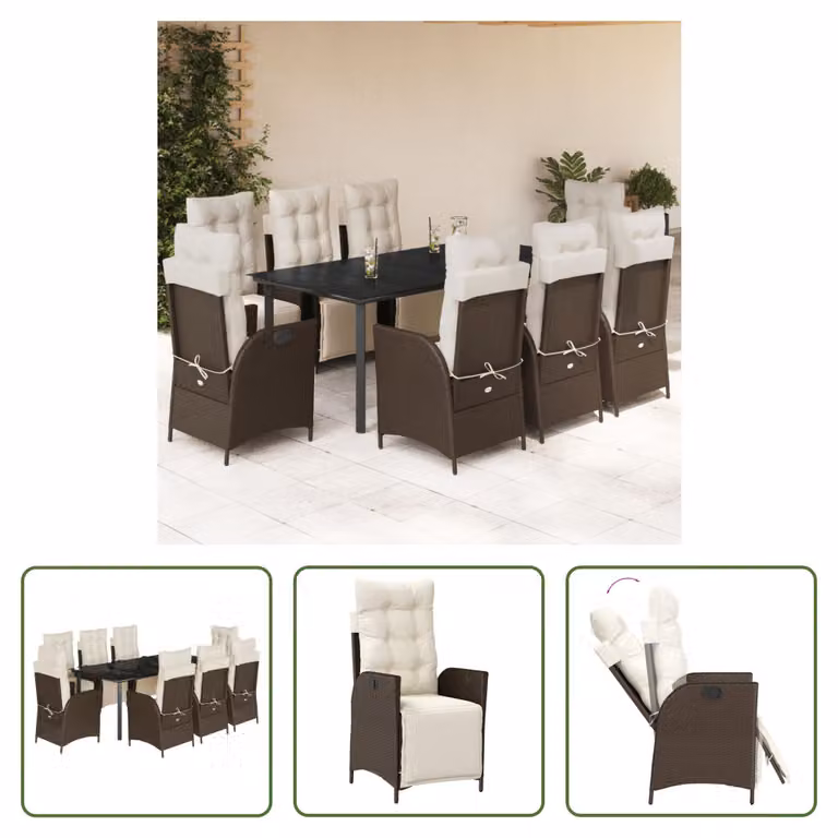 The Living Store Set da pranzo da giardino 9 pezzi con cuscini in polirattan marrone