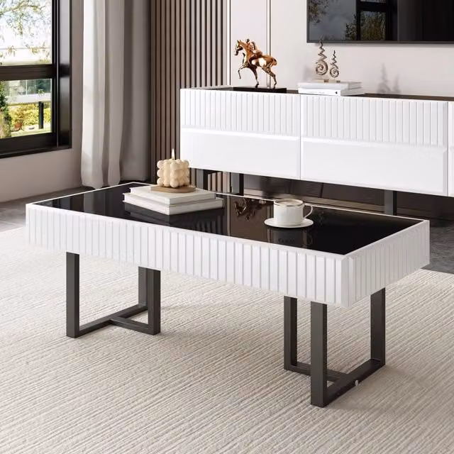 Tavolino da salotto moderno Zephmum con piano lucido nero e bianco, L: 110 cm, P: 50.5 cm, H: 41 cm – 1