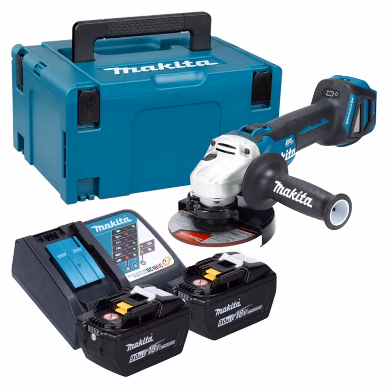 Smerigliatrice angolare a batteria Makita DGA 511 Z 18 V 125 mm Brushless + 2 batterie da 9,0 Ah + caricabatterie + Makpac