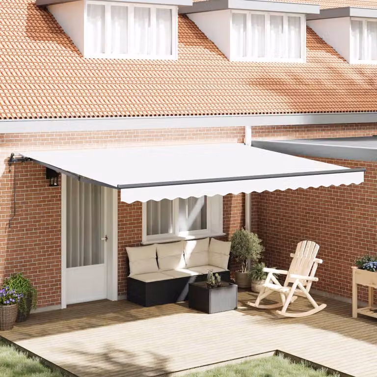 Tenda retrattile vidaXL con bracci pieghevoli in alluminio e tessuto in poliestere, colore bianco, L: 450 cm, P: 350 cm, con telecomando