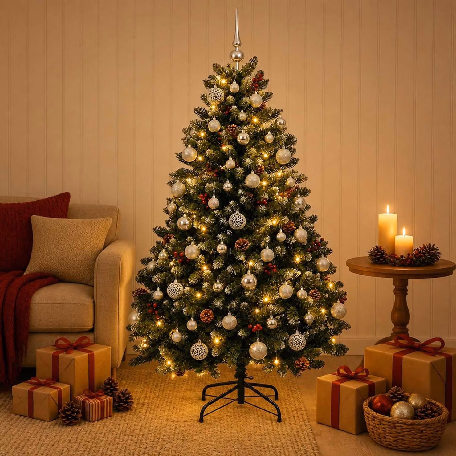 Albero di Natale artificiale, verde, con decorazioni a forma di pallina, altezza 150 cm